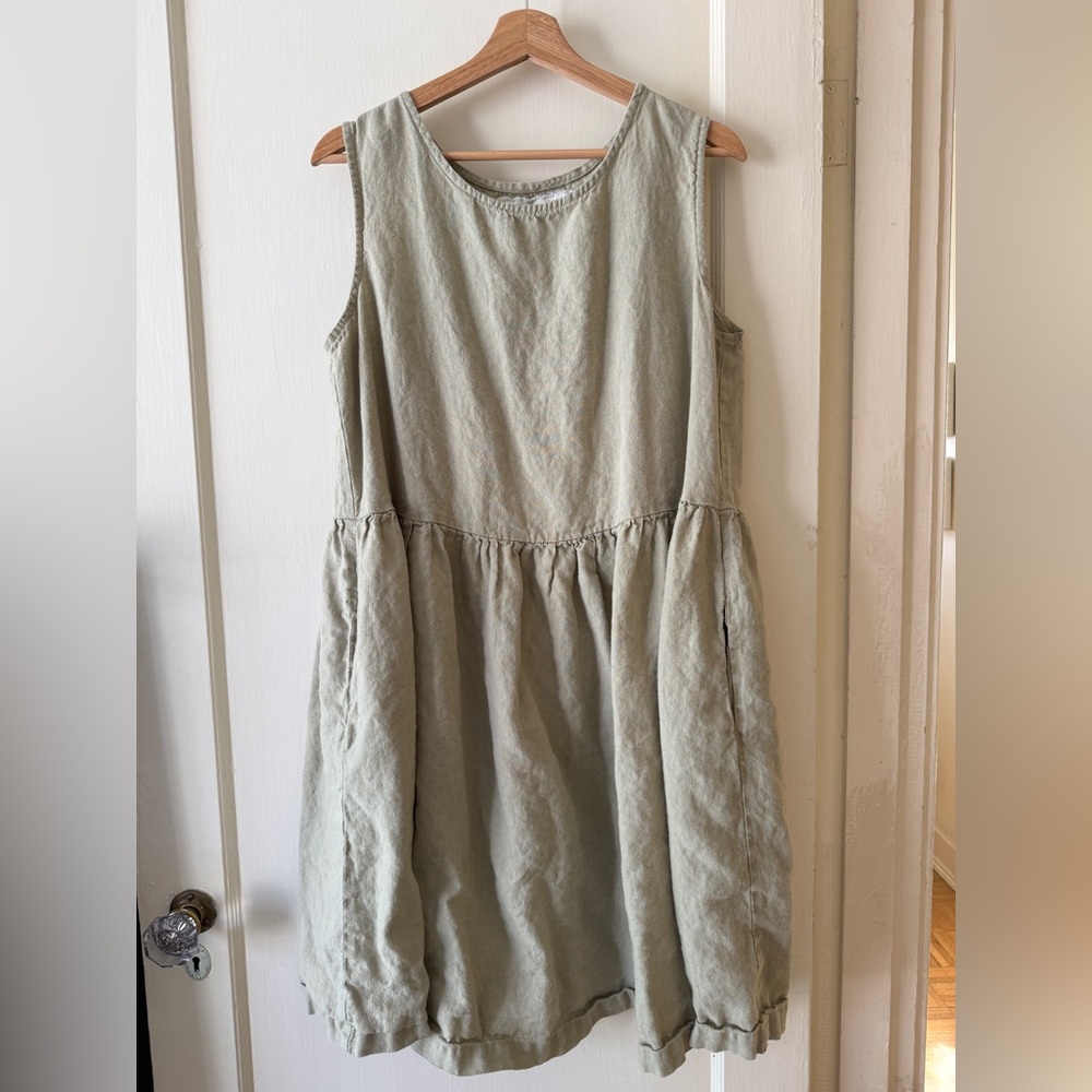 Not Perfect Linen Midi SMOCK loose linen dress in desert sage, size Large